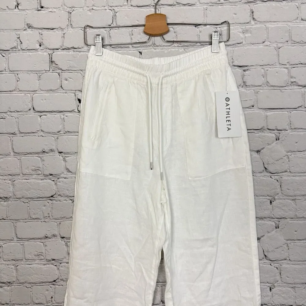 Athleta Retreat Linen High Rise Wide Leg Pants White Womens XS Split Leg Hem NWT